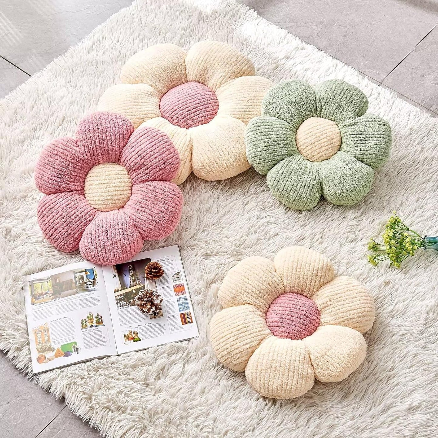 Soft White Pink 14.9" Flower Pillow for Home Decor, Cute Shaped Floor Pillow Aesthetic Plush Decorative Pillow for Bed Sofa Couch