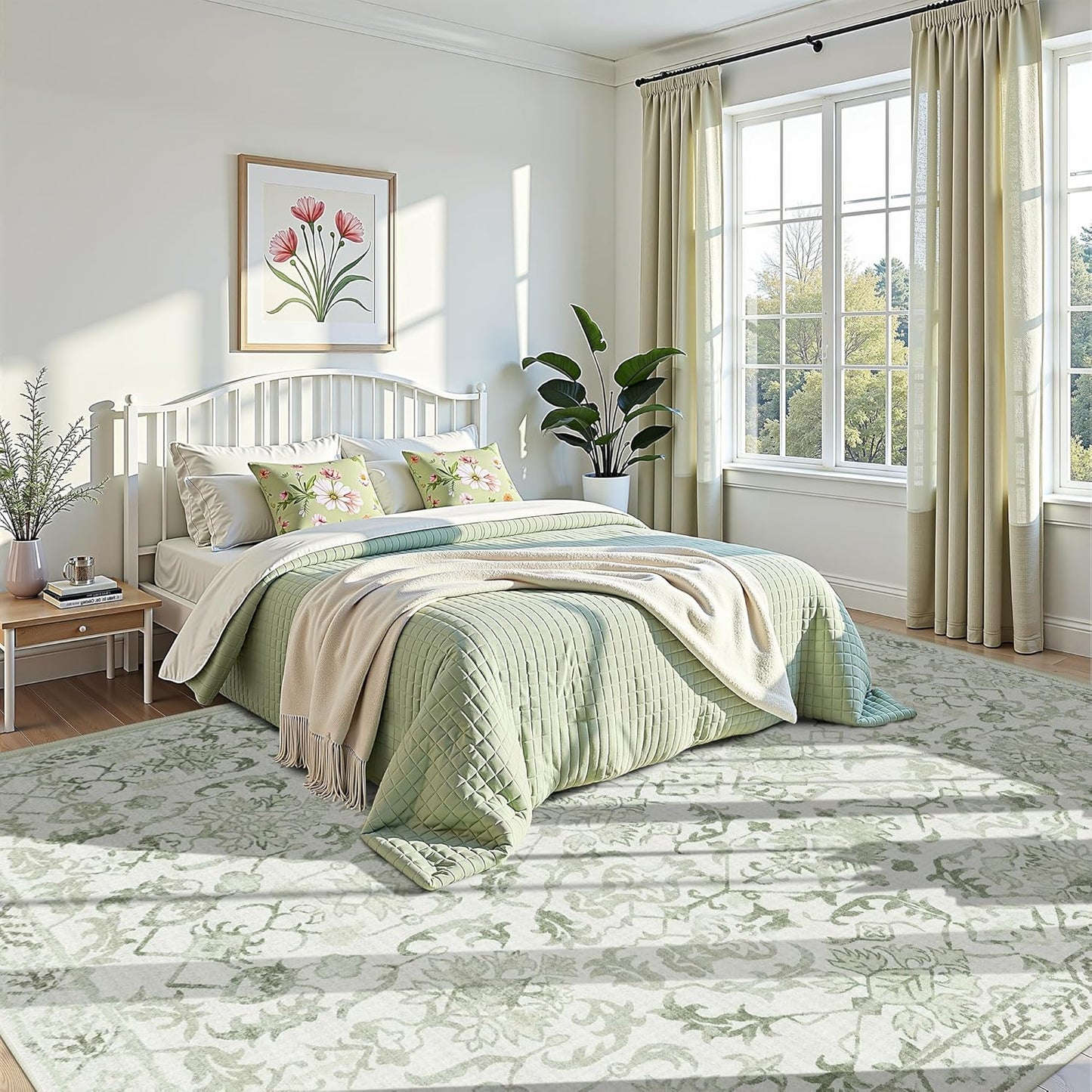 Sage Neutral Large Area Rug10x12 for Living Room, Washable Rug for Dining Room Bedroom, Anti-Slip Low-Pile and Soft Accent Rug Farmhouse Office Home Decor Light Green