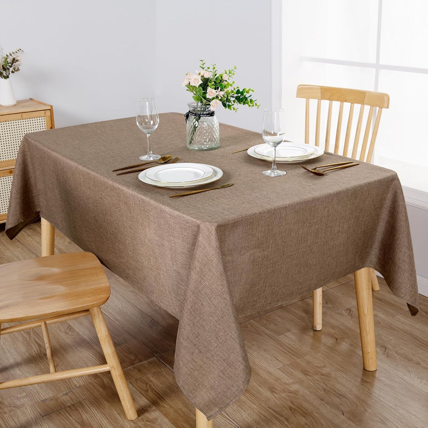 Hiasan 2 Pack Faux Linen Rectangle Tablecloth - Wrinkle and Stain Resistant Washable Table Cloth for Kitchen Dining Room Holiday Table Cover for Party Dinner, Khaki, 60 x 84 Inch