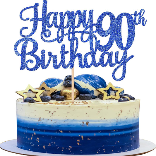 1 PCS Happy 90th Birthday Cake Topper Glitter Cheers to 90 Years Birthday Cake Pick Ninety 90 Fabulous Cake Decoration for Happy 90th Birthday Theme Party Decorations Supplies Blue