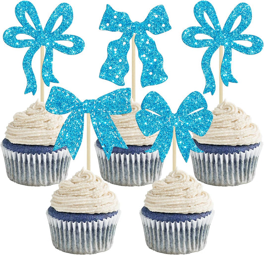 Ephlyn 24Pcs Bow Cupcake Toppers Bow Birthday Cake Topper Girls Birthday Party Decorations Bowknot Cupcake Decorations for Bridal Baby Shower Birthday Wedding Themed Party Blue