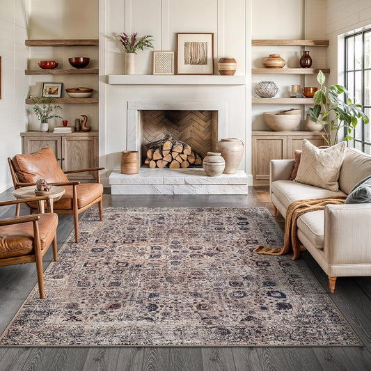 Bloom Rugs Washable Non-Slip 6' x 9' Rug - Light Tan/Blue Traditional Oriental Area Rug for Living Room, Bedroom, Dining Room, and Kitchen - Exact Size: 6' x 9'