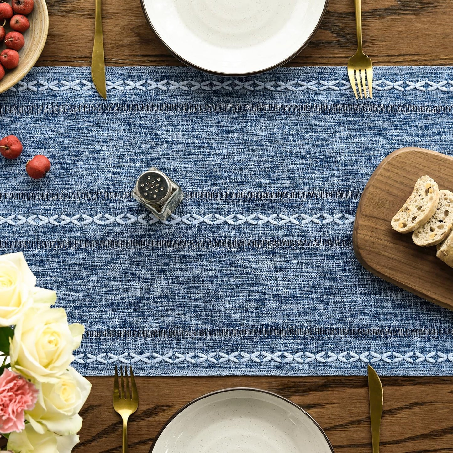 Artoid Mode Blue Rustic Cotton Linen Table Runner, Seasonal Embroidered Hollow Kitchen Dining Table Decoration for Home Party Decor 13x90 Inch