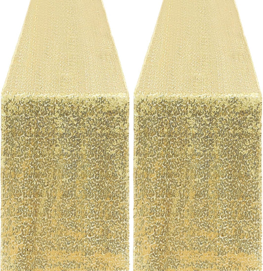 2 Packs 12 x 72 inches Sequin Table Runner, Gold Glitter Table Runner for Birthday Party Supplies Wedding Engagement Baby Shower Holiday Celebration Event Decorations