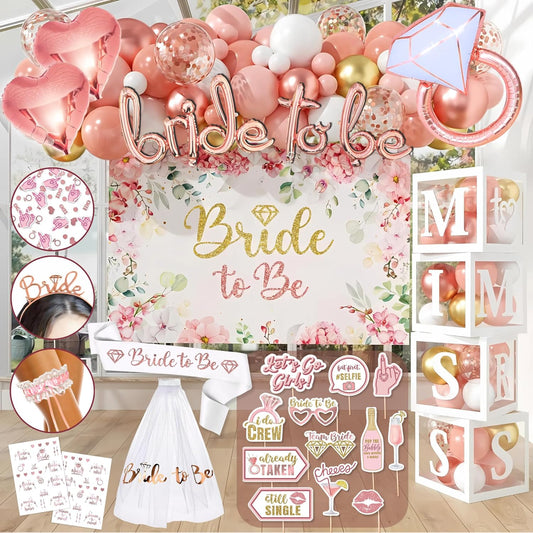 189 pc Bridal Shower Party Decorations – Balloons, Bride to Be Sash, Veil, Headband, Backdrop, Props – Pink Bachelorette Party Decorations for Engagement, Wedding, Rose Gold Bridal Shower Decorations