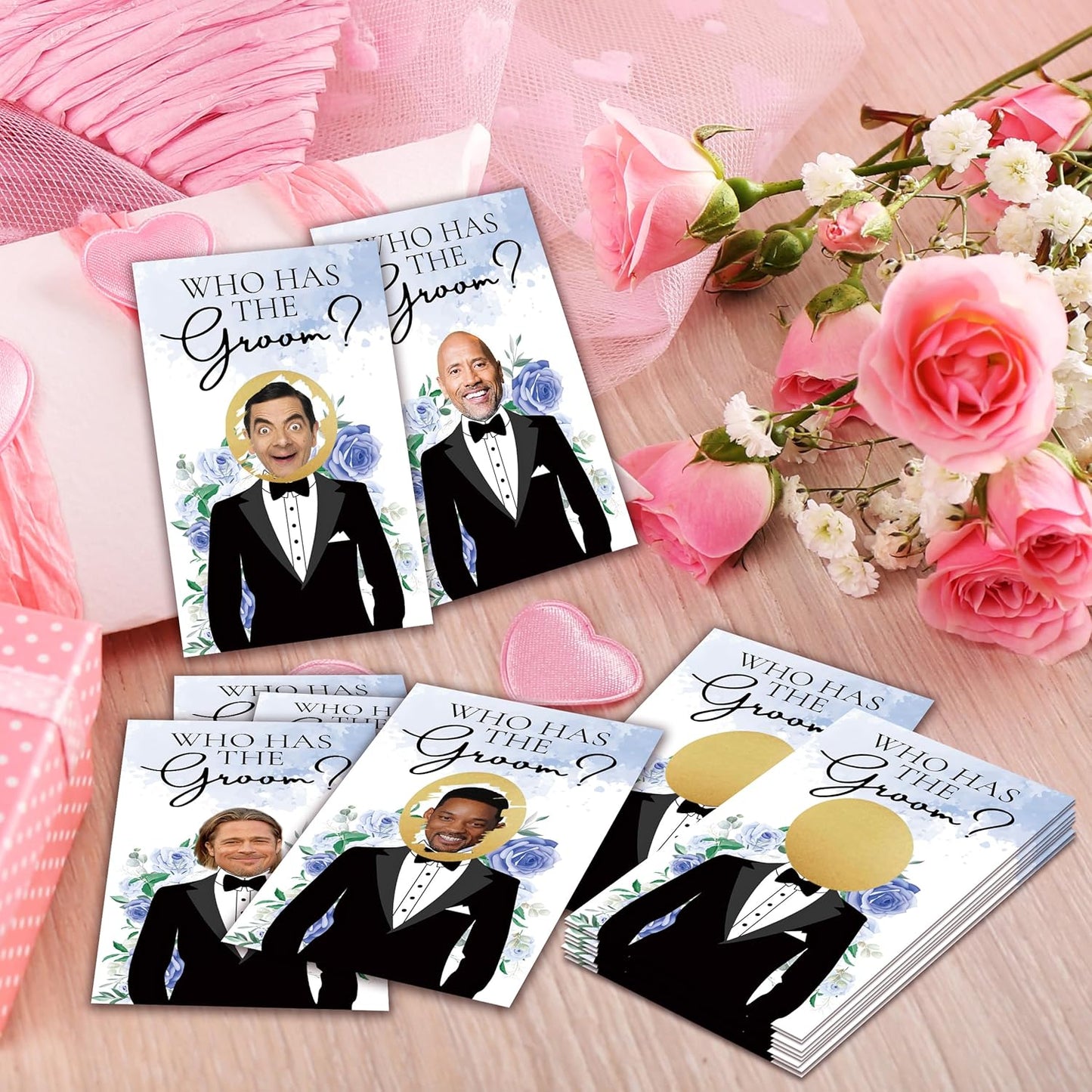 Who Has The Groom Bridal Shower Games, 41 Pcs Blue Floral Scratch Off Cards, 3.5"x 2.1" Funny Bachelorette Party Game Favor Decor, Engagement Party Ideas Activities-A04
