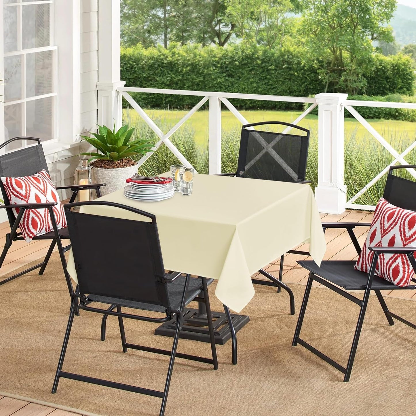 sancua Square Tablecloths 85x85 Inch - Beige Fabric Table Cloth for Square or Round Tables, Washable Polyester Table Cover for Outdoor Party, Birthday, Buffet, Resturant