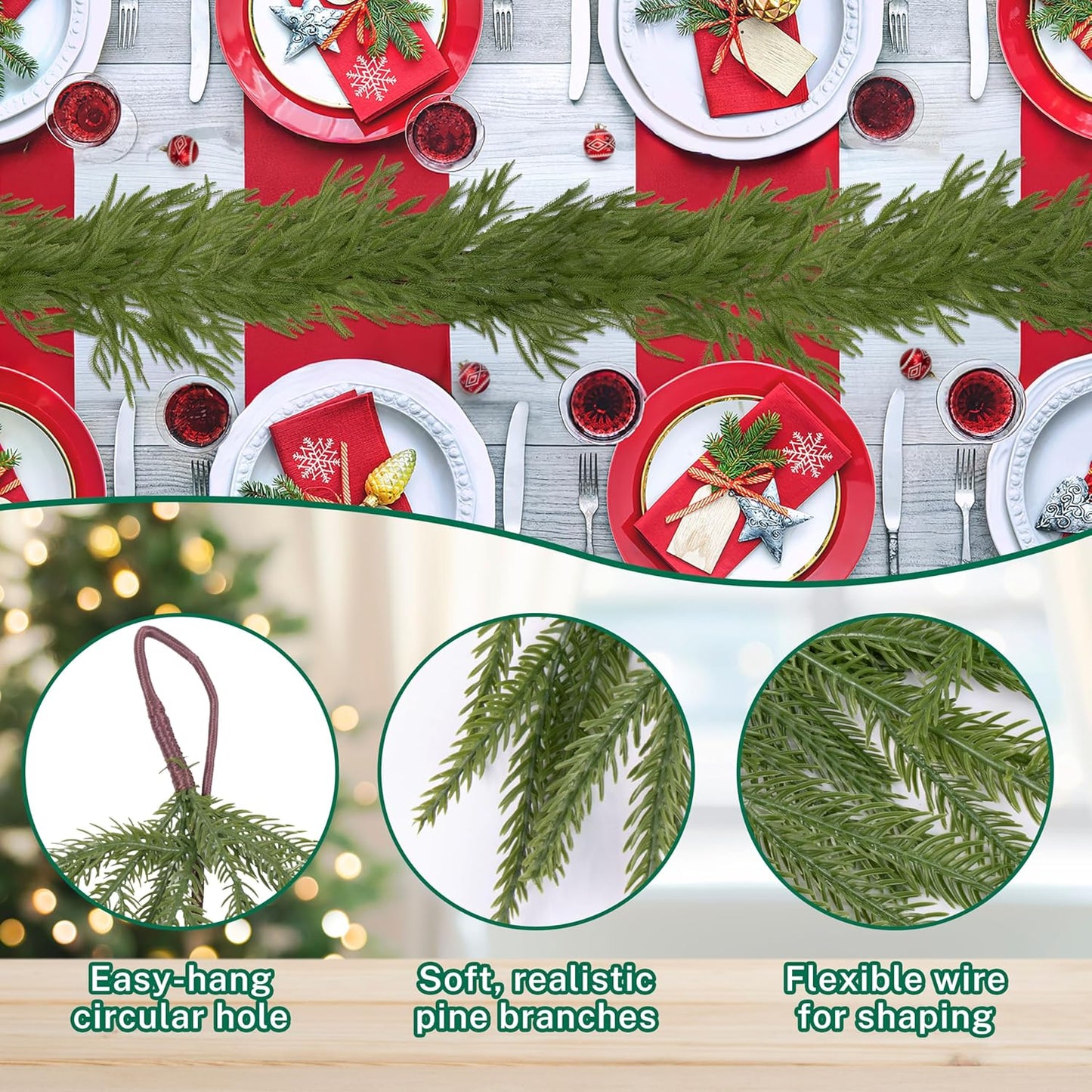 2 Pcs 6FT Christmas Garlands Norfolk Pine Garland - Real Touch Winter Pine Garland, Artificial Norfolk Tree for Indoor Outdoor Holiday Decor, Fireplace Mantel, Door, Porch (Yellow Bell)