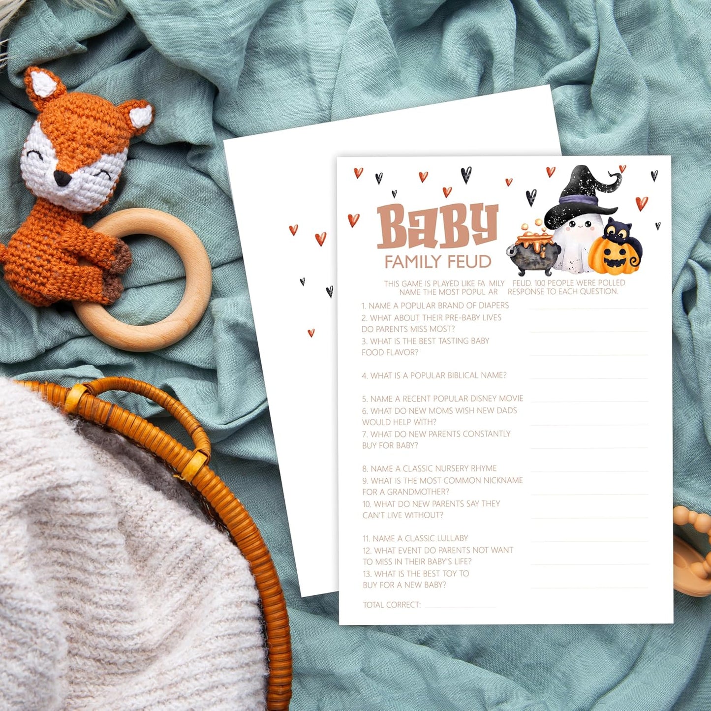 Baby Shower Games, Halloween Baby Family Feud, 25 Double-Sided Game Cards + 1 Answer Card for Gender Reveal Party Decorations Supplies Announcement - B06