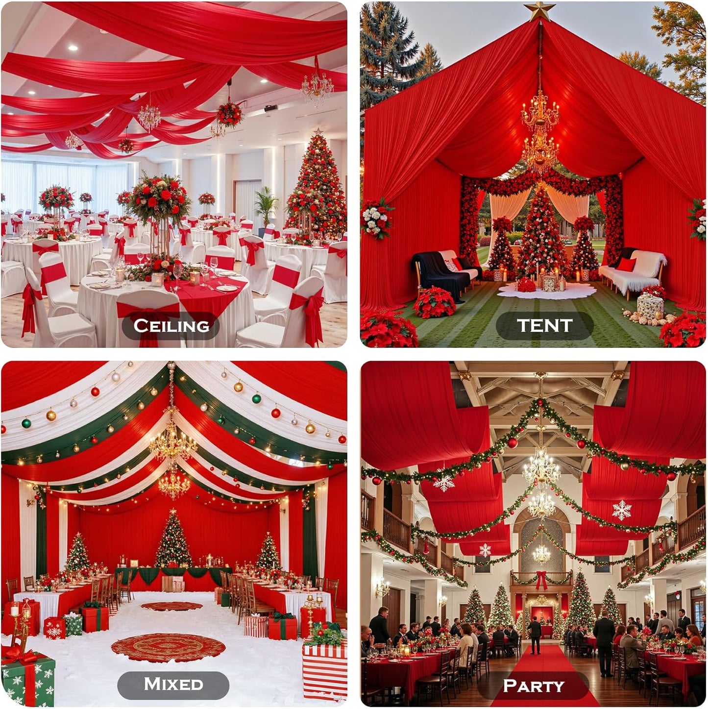 PartyVillage 4 Panels 5ftx30ft Red Ceiling Drapes for Wedding Parties – 30 FT Extra Long Thick Polyester Wrinkle-Free Drapery Tent Decor Decorations for Birthday Party Ceremony Stage Swag