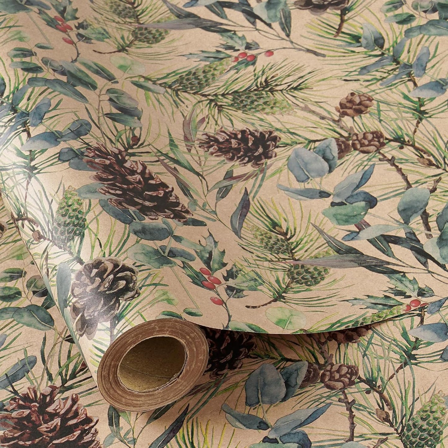 RUSPEPA Kraft Christmas Wrapping Paper Roll, Mini Roll, Watercolor Pinecone and Eucalyptus Leaf Design, Kraft Gift Wrap for Christmas, Winter Holiday Party, Rustic Natural Theme, 17 Inches x 16.4 Feet