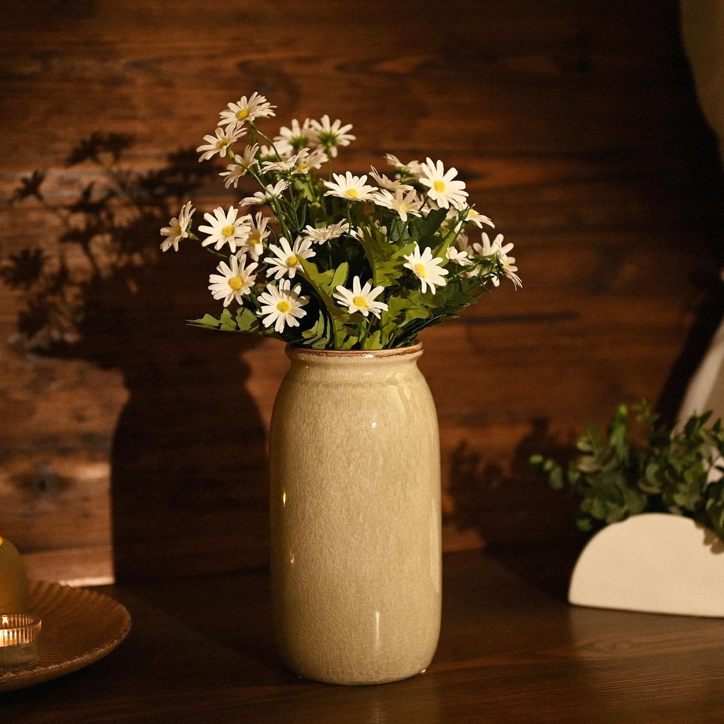 VICTOR & TERESA Rustic Large Green Vase for Home Decor, 10'' Tall Ceramic Vases for Flowers, Farmhouse Decorative Vases for Pampas Grass, Table, Mantel, Living Room, Centerpieces