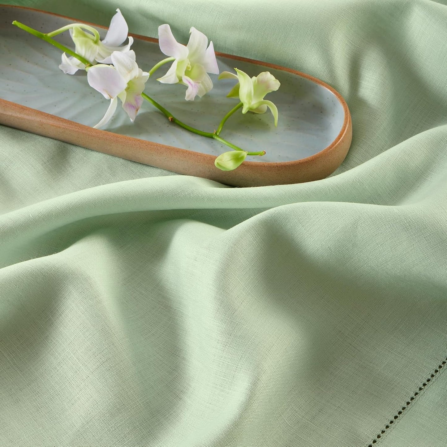 Solino Home Linen Tablecloth 52 x 52 Inch - 100% Pure Linen Light Green Square Tablecloth - Classic Hemstitch, Machine Washable Table Throw