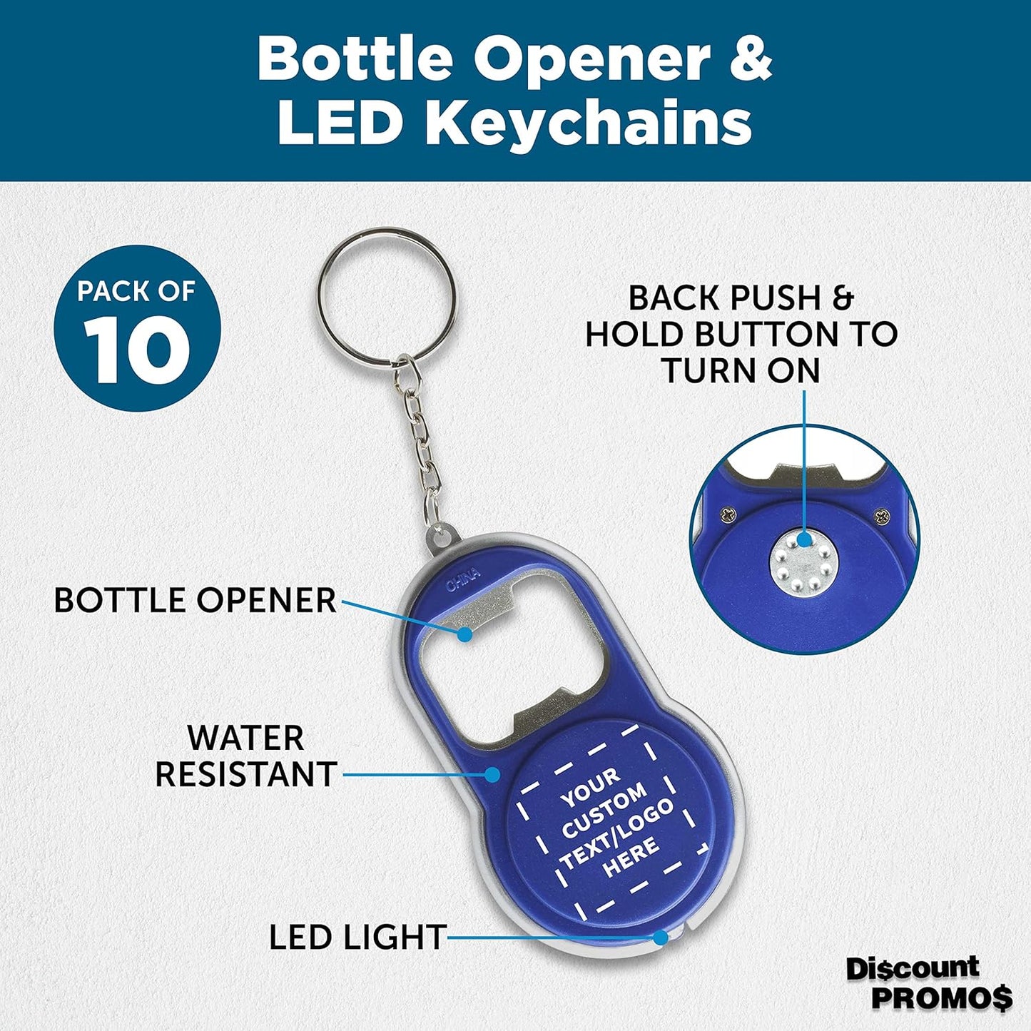 DISCOUNT PROMOS Custom Bottle Opener & LED Keychains Set of 10, Personalized Bulk Pack - Perfect for Tradeshows, Party Favors, Other Events - Blue