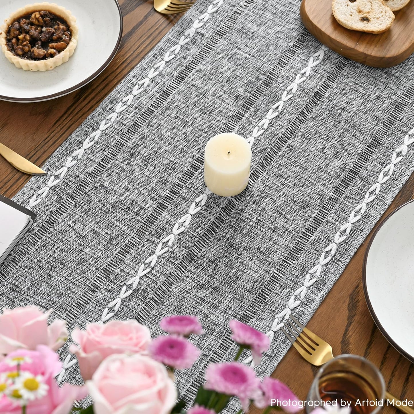 Artoid Mode Dark Grey Rustic Cotton Linen Table Runner, Seasonal Embroidered Hollow Kitchen Dining Table Decoration for Home Party Decor 13x108 Inch