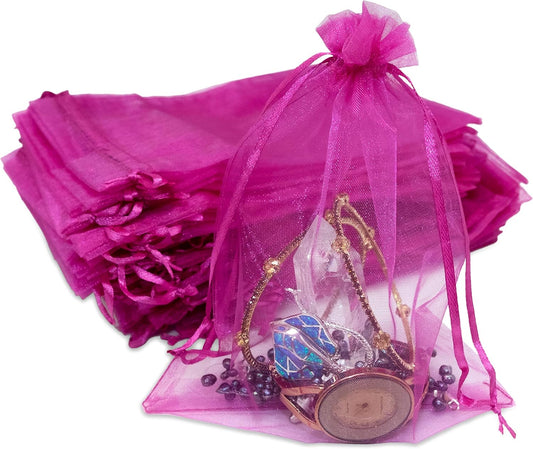 TheDisplayGuys 100-Pack 6x8 Hot Pink Sheer Organza Gift Bags with Drawstring, Jewelry Candy Treat Wedding Party Favors Mesh Pouch