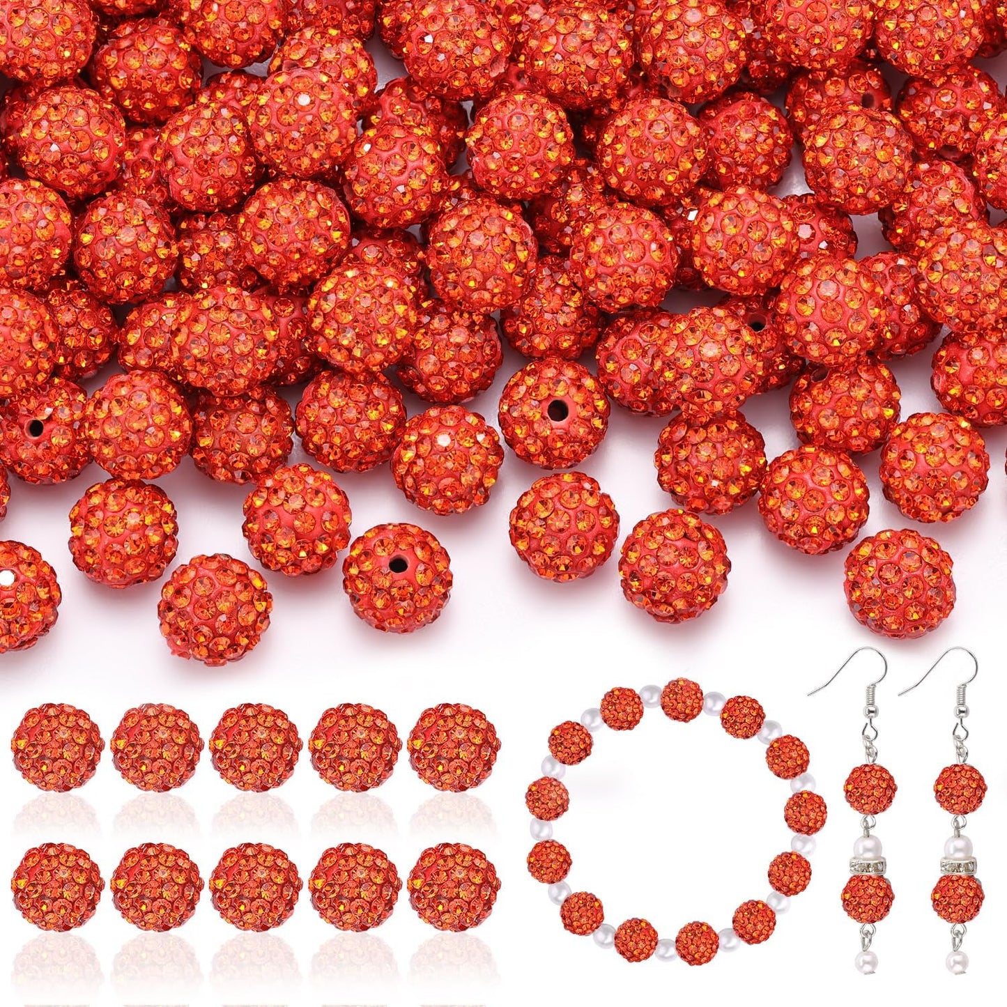 200pcs 10mm Rhinestone Beads for Jewelry Making, Orange Shiny Round Disco Ball Beads Bulk, Sparkle Crystal Clay Christmas for Bracelet Baseball Necklace Earring Crafting and DIY
