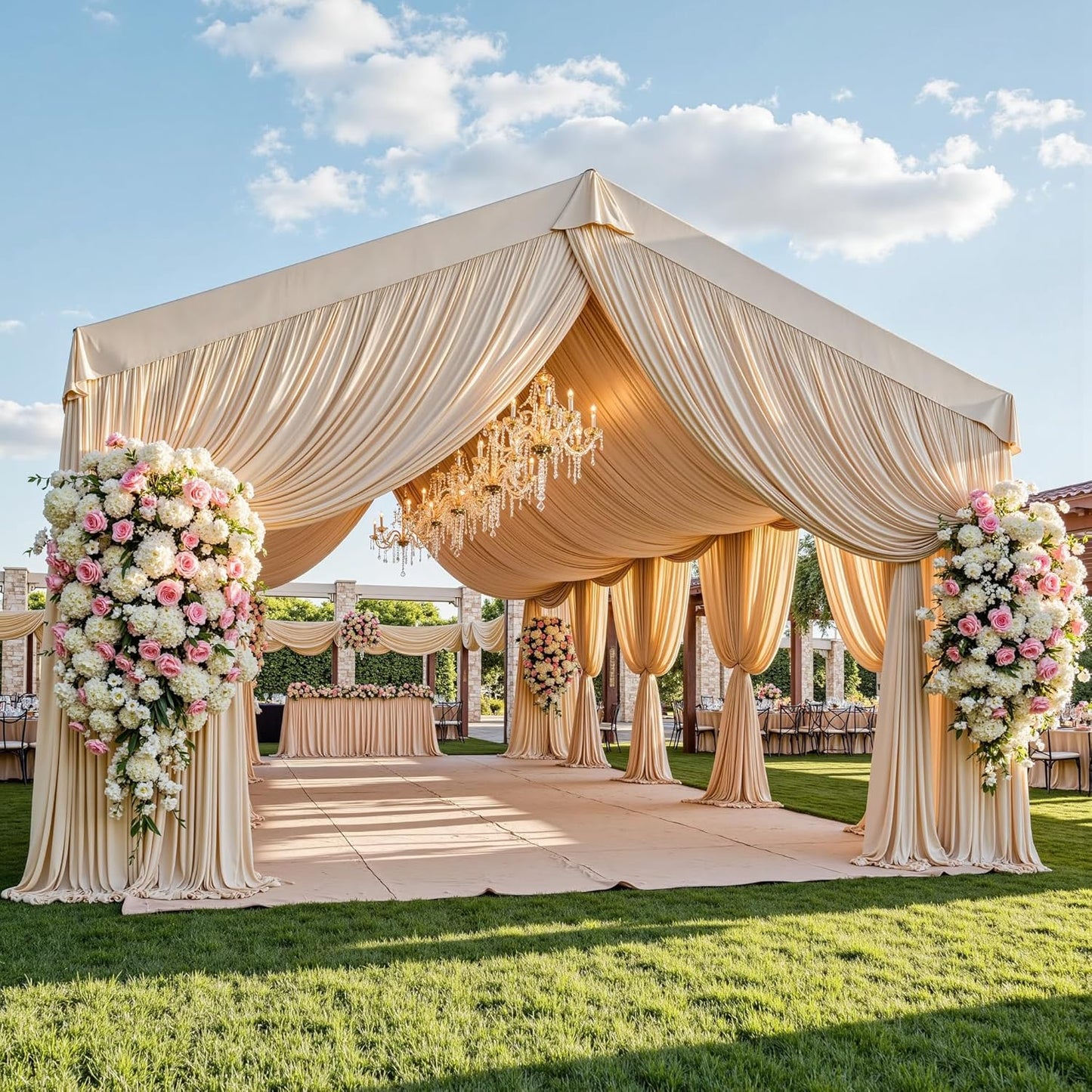 PartyVillage 10ftx40ft Beige Ceiling Curtain for Wedding Parties – 2 Panels Wrinkle-Free 40 FT Long Tent Draping Curtains for Wedding, Birthday & Theme Parties, 40ft Height with Rod Pocket