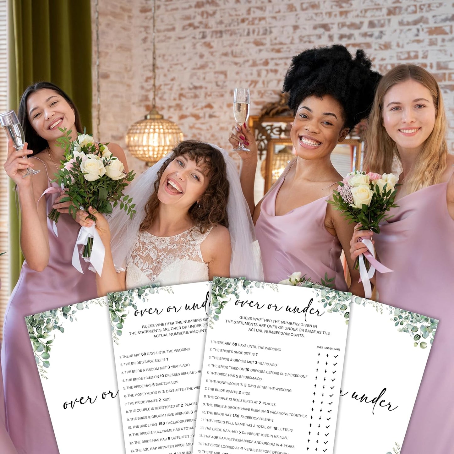 Eucalyptus Bridal Shower Game Cards - Over or Under, Wedding Engagement Bachelorette Party Bridal Shower Games for 30 Guests, Double Sided Cards Set of 30, Activity Supplies & Favor/A02