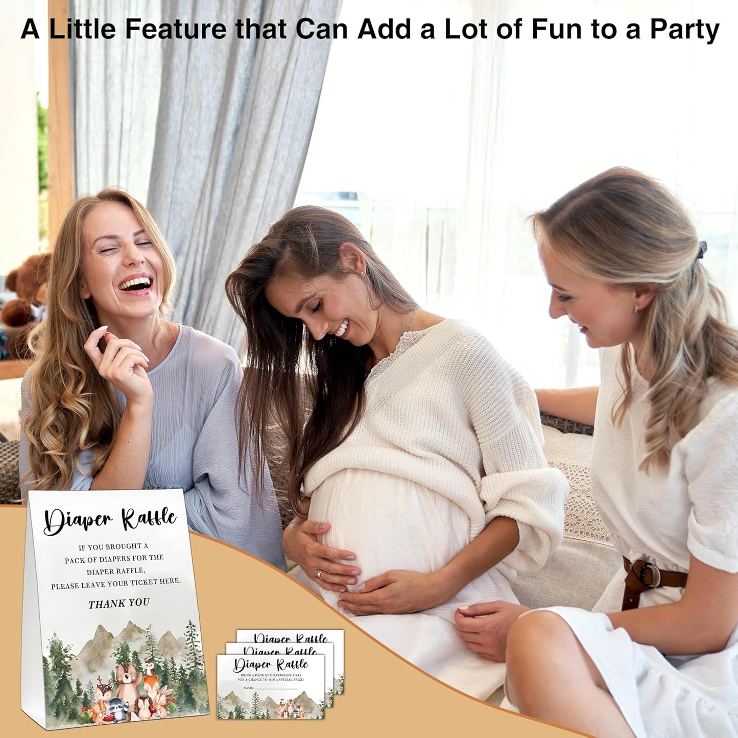 Woodland Baby Shower Game, Jungle Animal Safari 50 Diaper Raffle Tickets with 1 Standing Sign for Gender Neutral Shower - A04