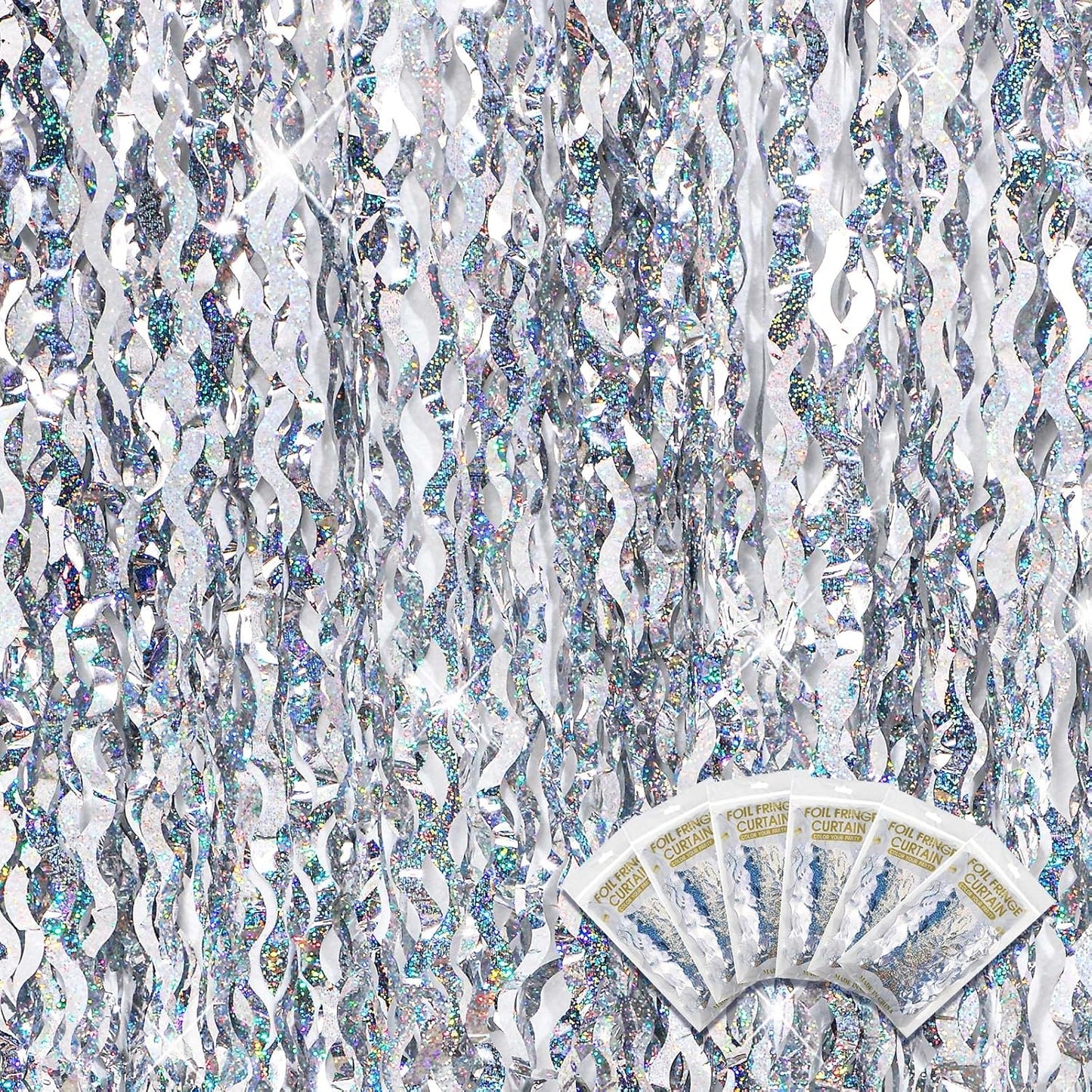Jutom 6 Pieces 3.3 x 6.6 ft Wavy Tinsel Foil Fringe Curtains Foil Fringe Streamer Backdrop Party Curtain for Sea Mermaid Baby Shower Birthday Party Decoration(Silver)
