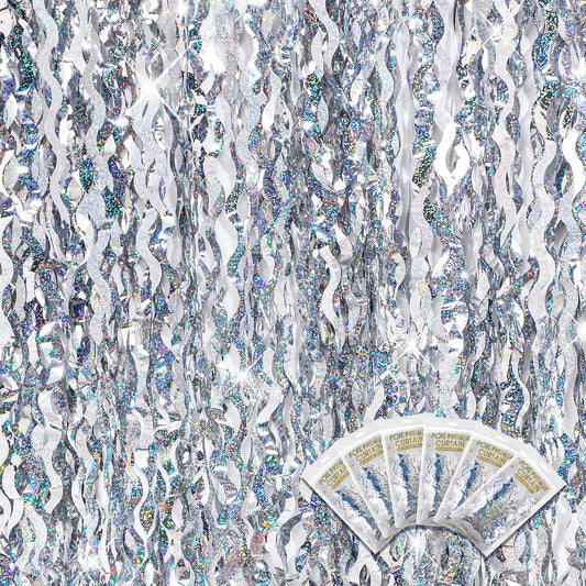 Jutom 6 Pieces 3.3 x 6.6 ft Wavy Tinsel Foil Fringe Curtains Foil Fringe Streamer Backdrop Party Curtain for Sea Mermaid Baby Shower Birthday Party Decoration(Silver)