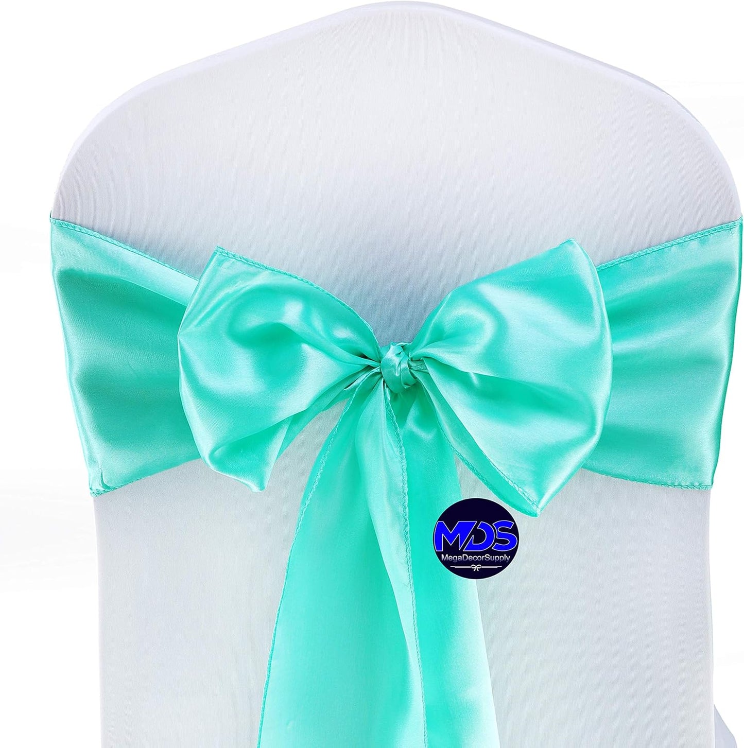 MDS Pack of 125 PCS Satin Chair Sashes Charmeuse Sateen Dining Chair Bows Ribbon Ties Back Sash for Wedding Party Birthday Home Hotel Restaurant Banquet Decoration (7 x 108 Inch, Sea Green)