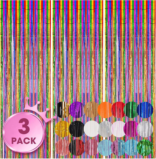 3 Pack 3.3x8.2 Feet Rainbow Foil Fringe Backdrop Curtains, Tinsel Streamers Birthday Party Decorations, Fringe Backdrop for Graduation, Baby Shower, Gender Reveal, Disco Party