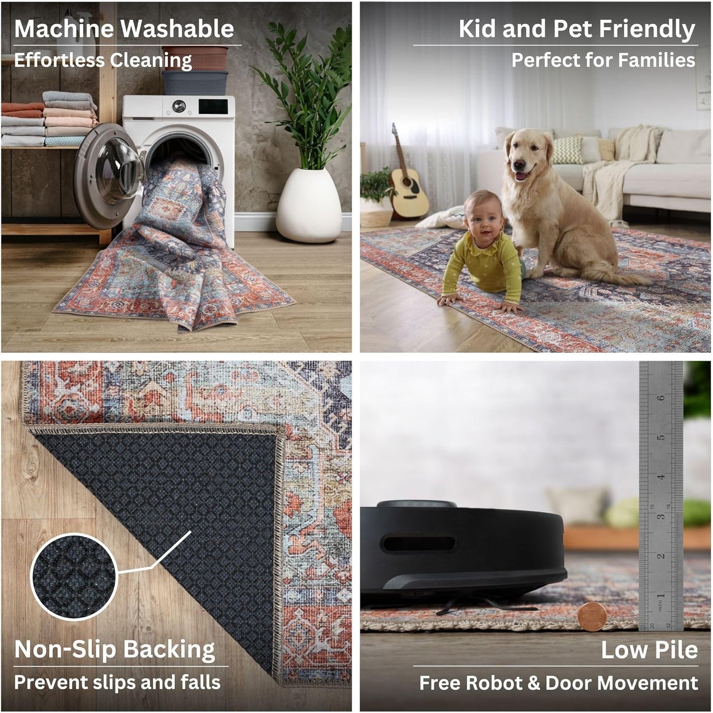 Bloom Rugs Washable Non-Slip 3' x 5' Rug - Terracotta/Blue Traditional Medallion Area Rug for Living Room, Bedroom, Dining Room, and Kitchen - Exact Size: 3' x 5'