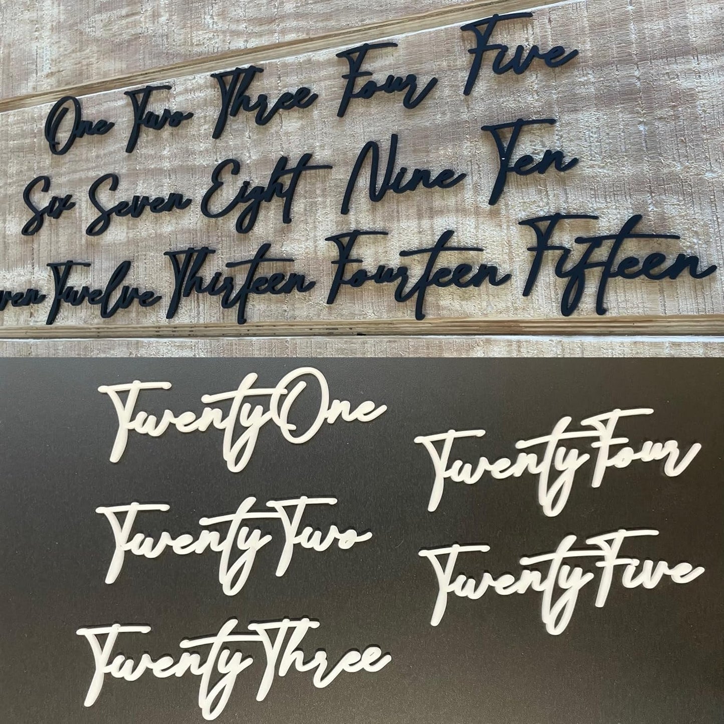 Cursive Wedding Table Number SET, DIY thin modern Black or White acrylic cutouts with silicone glue included. Words only, no backing (One - Five, Matte Black)
