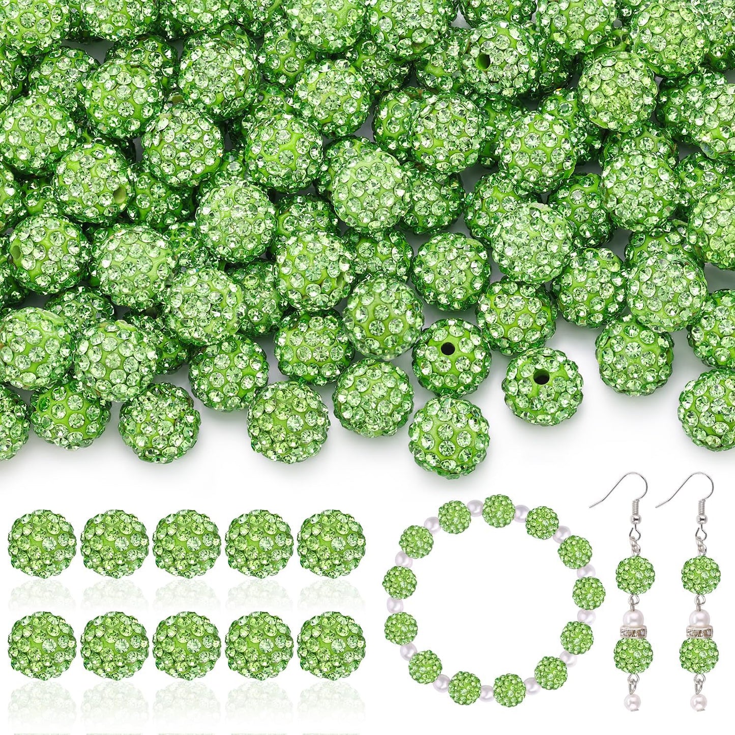 160pcs 10mm Rhinestone Beads for Jewelry Making, Light Green Shiny Round Disco Ball Beads Bulk, Sparkle Crystal Clay Christmas for Bracelet Baseball Necklace Earring Crafting and DIY