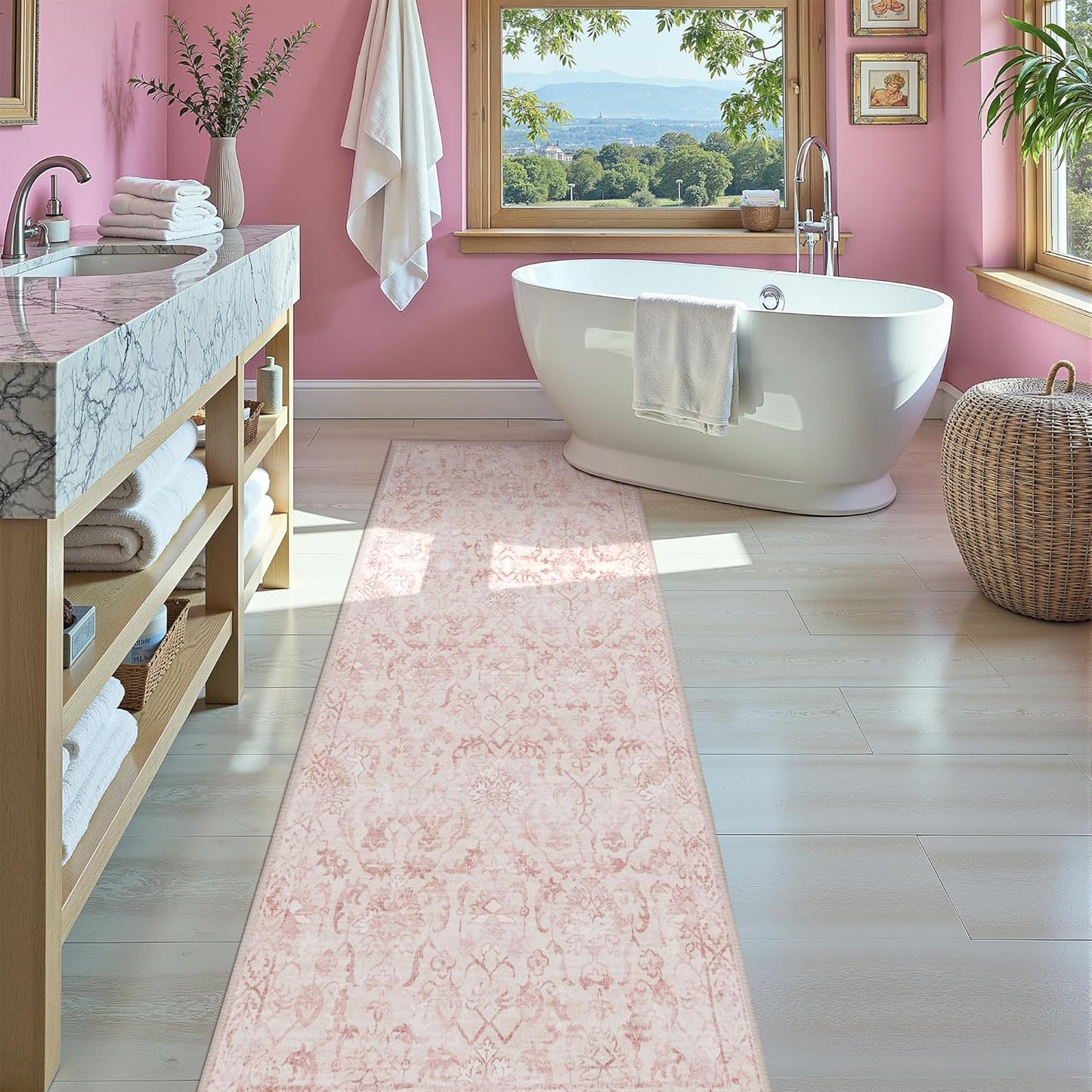 Pink 3x7 Runner Rug for Hallways Bed Side Kitchen, Boho Washable Distressed Low-Pile Floor Entryway Long Bathroom Mat, Non-Slip Laundry Room Washstand Front Carpet Green 36x84 Inch