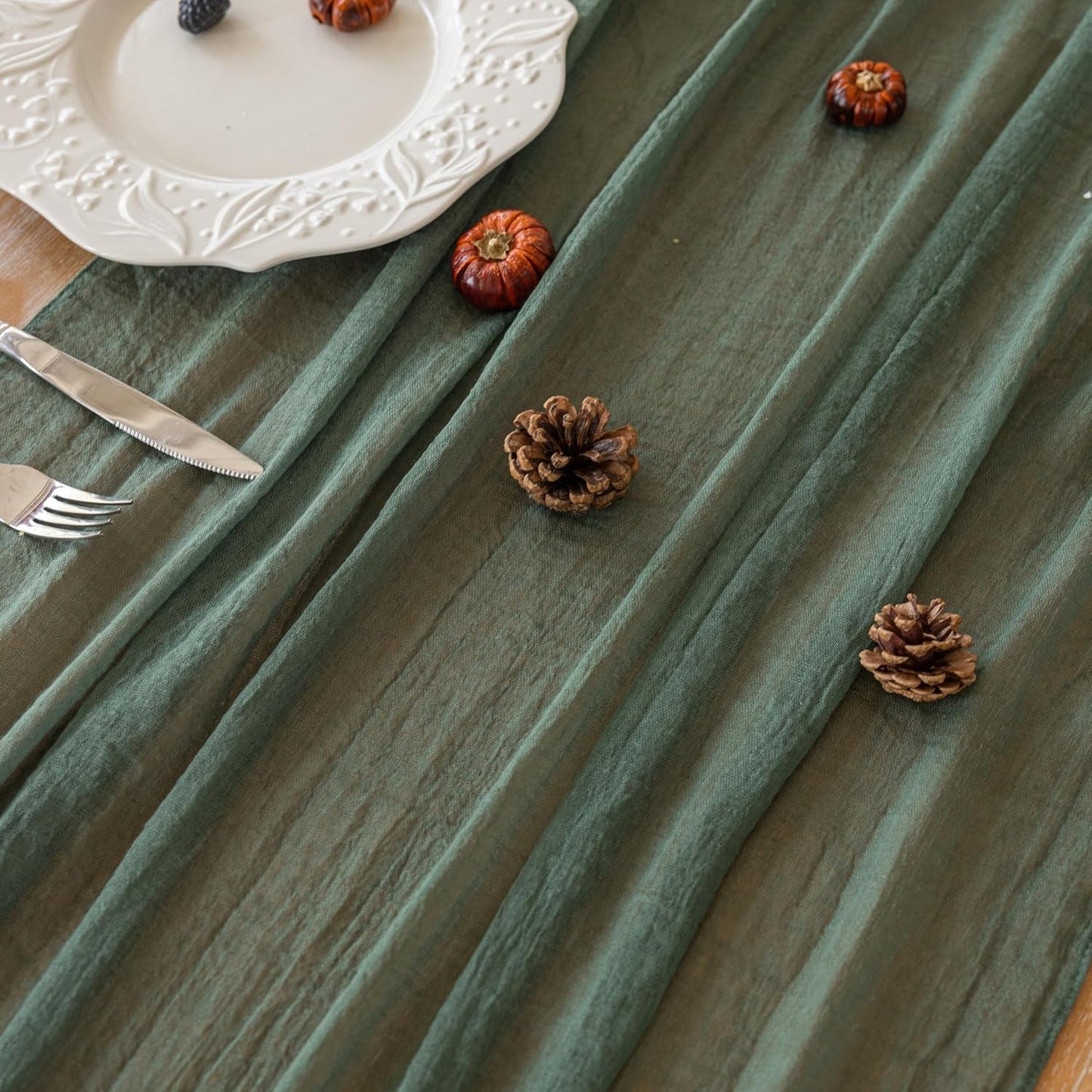 Forest Green Gauze Rustic Cheesecloth Table Runner 120 Inch 10 FT for Wedding Baby Shower Bridal Shower Birthday Engagement Garden Outdoor Party Long Sheer Boho Decorations
