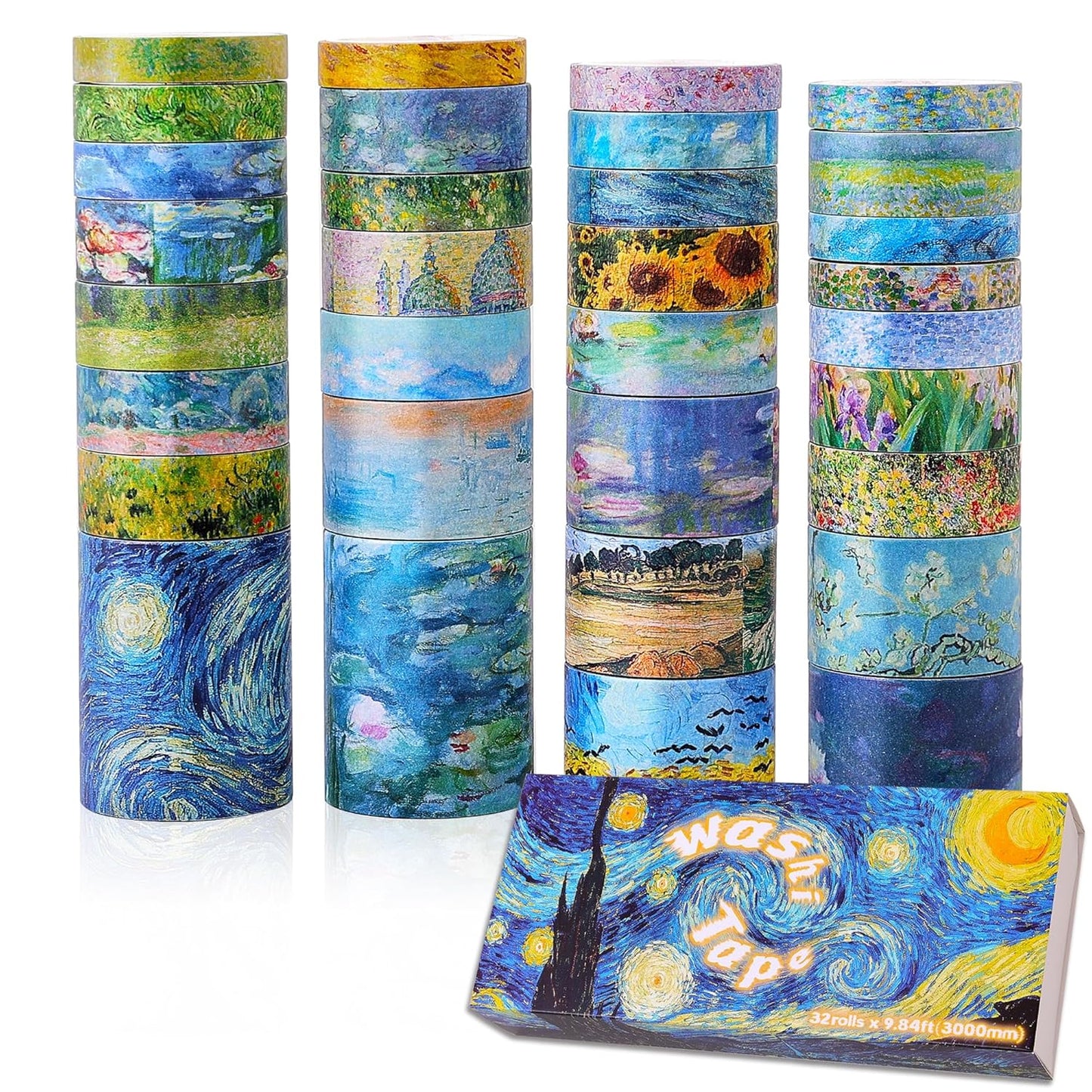 emmoolife 32 Rolls Washi Tape Set, Oil Painting Decorative Masking Tape, Van Gogh Adhesive Tape for Bullet Journal, DIY Crafts Gift, Party Decorations, Junk Journal, School Supplies