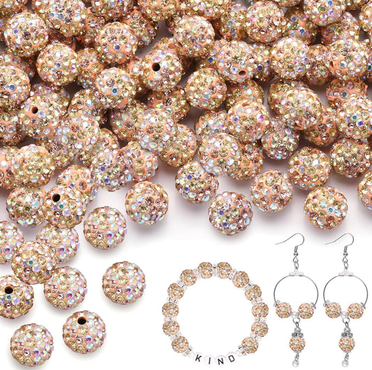 150pcs 10mm Rhinestone Beads for Jewelry Making, Light Peach AB Shiny Round Shamballa Disco Beads Bulk, Sparkle Crystal Clay Christmas for Bracelet Baseball Necklace Earring Crafting and DIY
