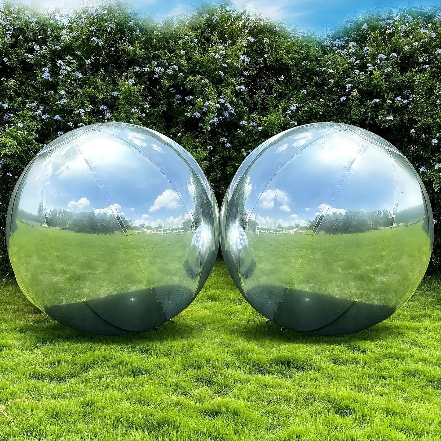2PCS 23.6in Silver Inflatable Mirror Ball, Big Shinny Balls Reusable Large PVC Disco Ball Balloon for Large Event Decoration, Party, Concerts, Stage, Wedding Decor, Without Air Pump