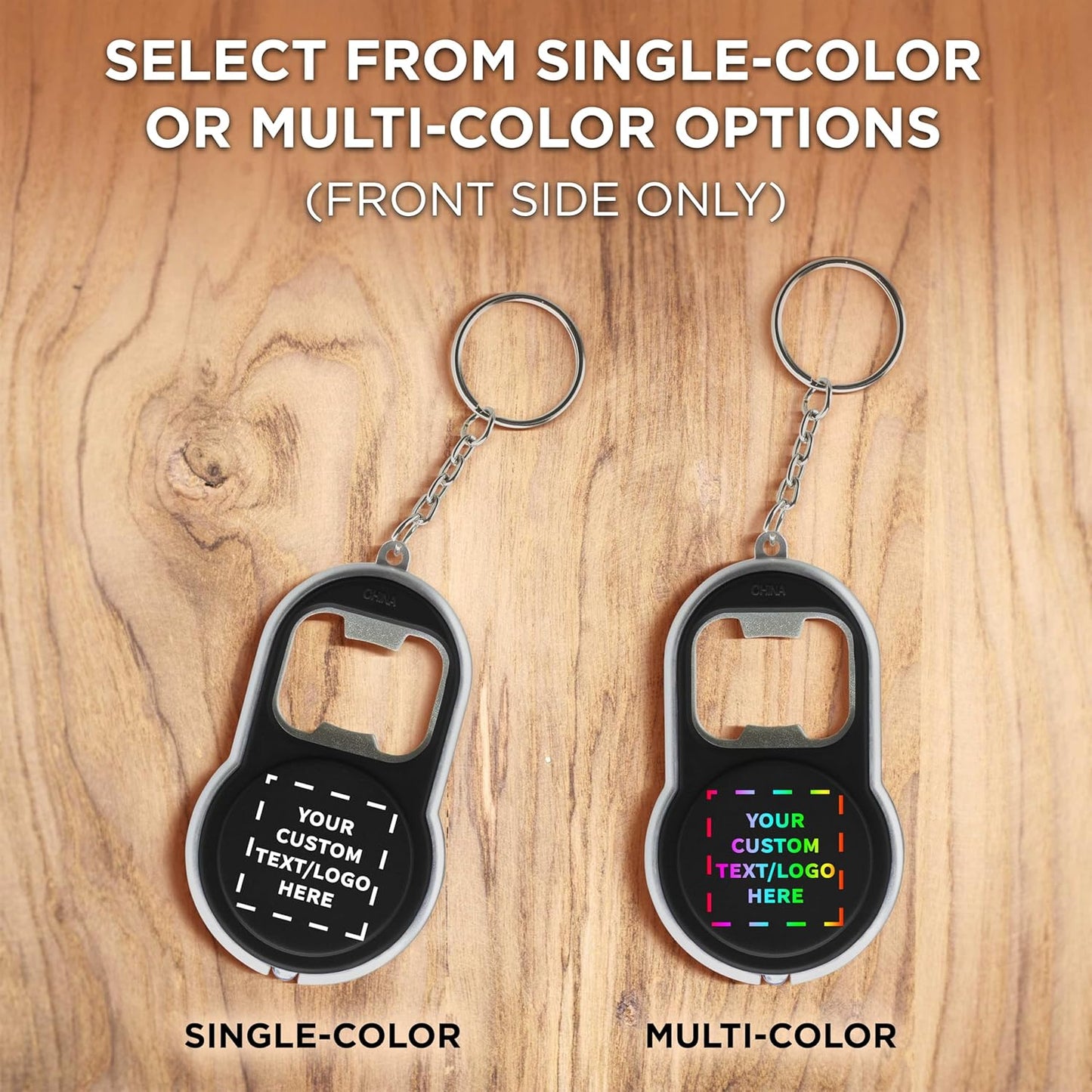 DISCOUNT PROMOS Custom Bottle Opener & LED Keychains Set of 10, Personalized Bulk Pack - Perfect for Tradeshows, Party Favors, Other Events - Black