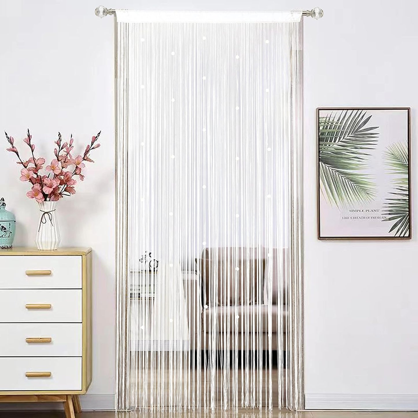 Beaded Curtain Beads Door String Curtains Ideal for Living Room Decor Wall Hanging Fringe Doorway Divider Bedroom Backdrop Hippie Window Closet Privacy Rod Pocket Dense (100x200cm,White)