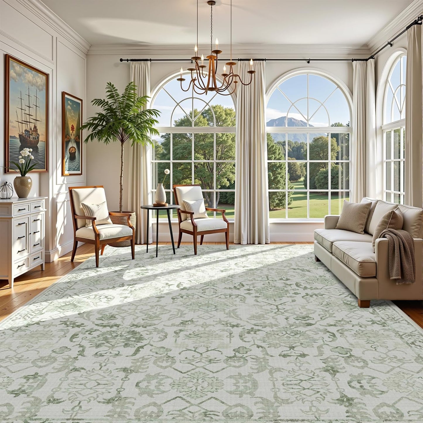Sage Extra Large Area Rug 10x14 for Living Room, Distressed Washable Rug for Dining Room Bedroom, Anti-Slip Low-Pile and Soft Accent Rug Farmhouse Office Home Decor Light Green