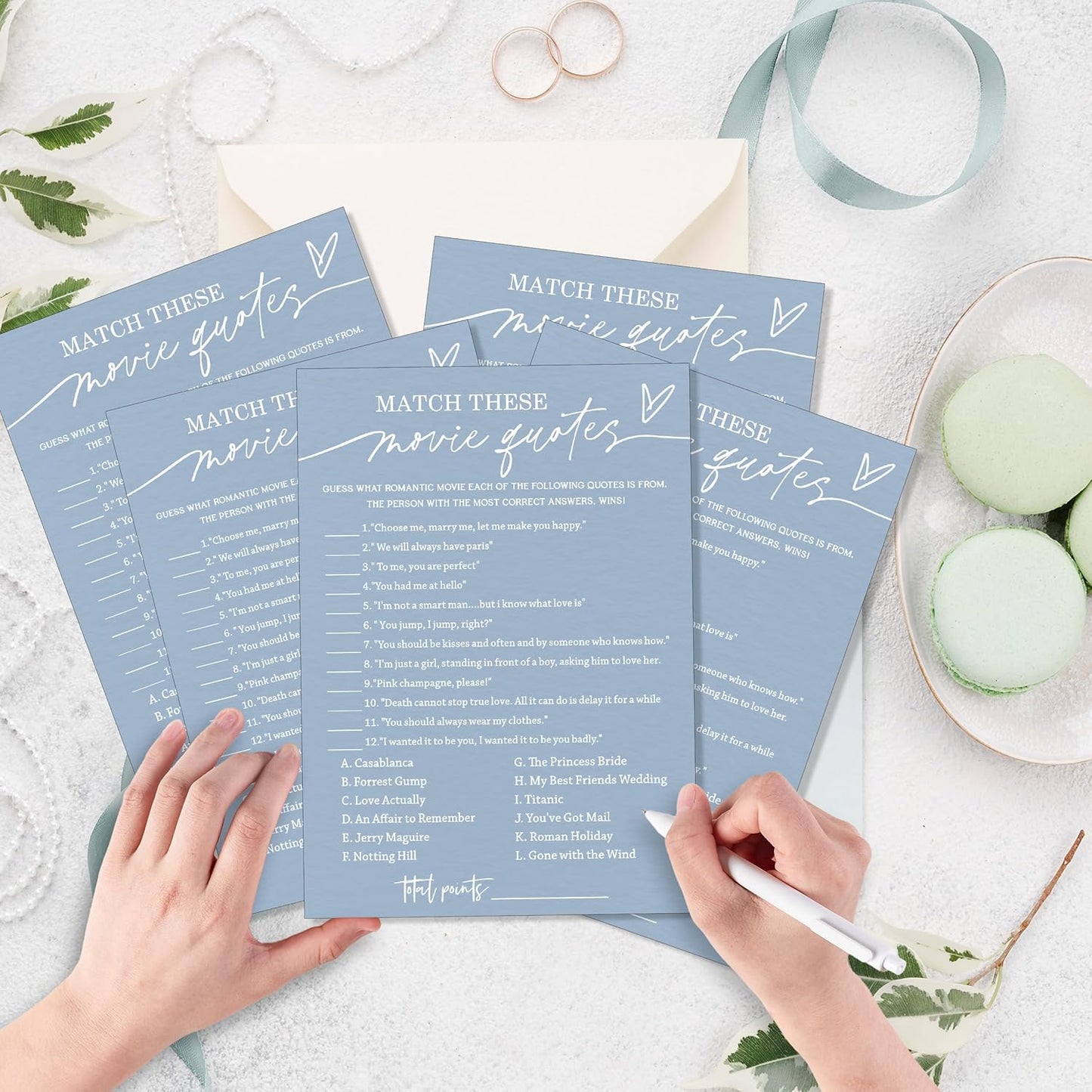 Fun Bridal Shower Games Match These Movie Quotes for Engagement Party Wedding Games 25 Game Cards with 1 Answer Card for 25 Guests Minimalist Blue Wedding Party Entertainment Supplies - B02