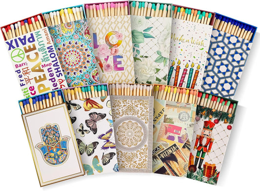 Decorative Matches Box -4-Inch Long Matches for Candles with Strike - Wooden Colorful Candle Sticks with Rainbow Tips - 50 Pc Match Sticks - Matchbox Designs of Your Choice (6 Unique Box Designs)