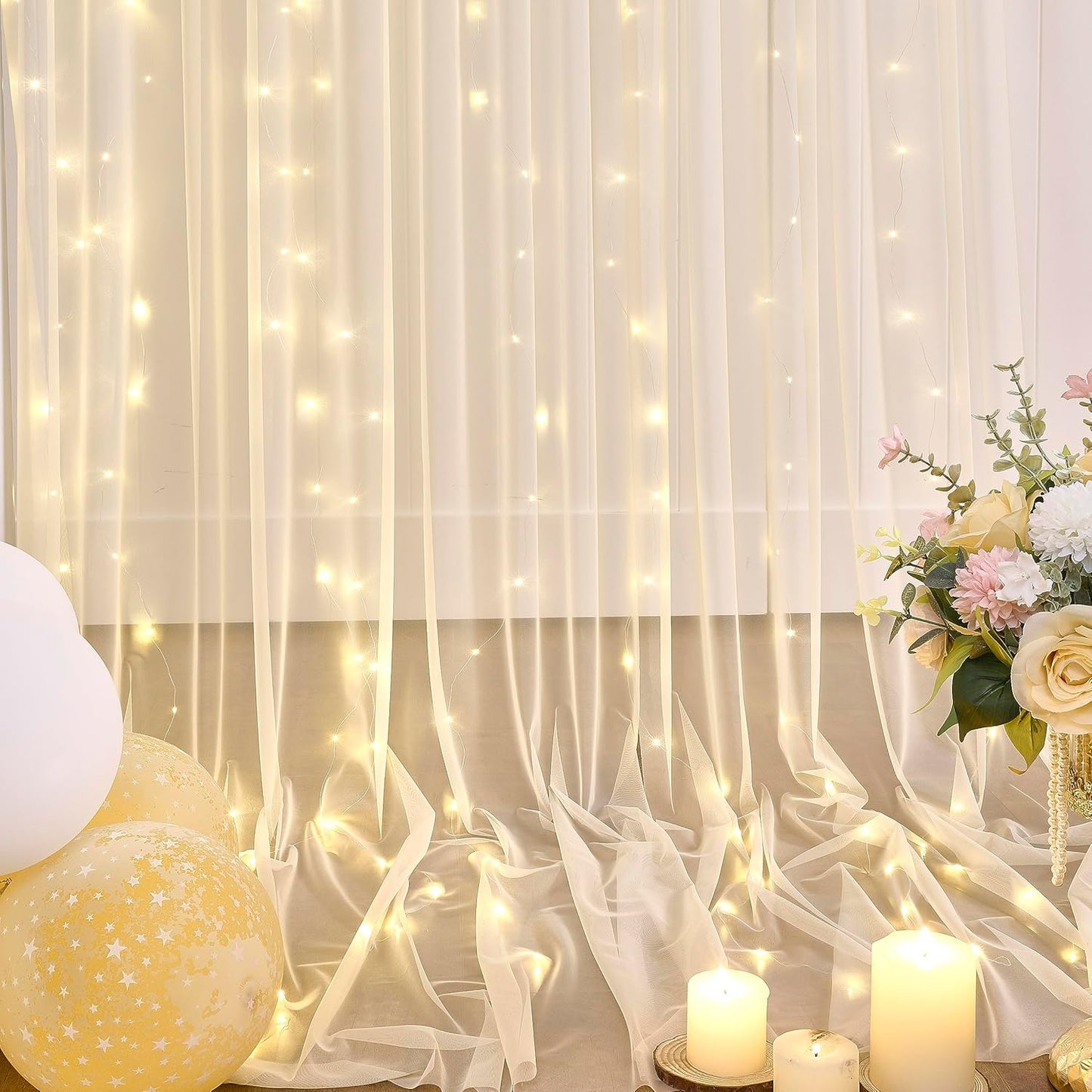 Champagne Backdrop Curtains with Lights String for Wedding Parties 10×10ft Sheer Tulle Backdrop Curtain for Bridal Shower Baby Shower Birthday Party Photo Shoot Decorations 2 Panels 5×10ft