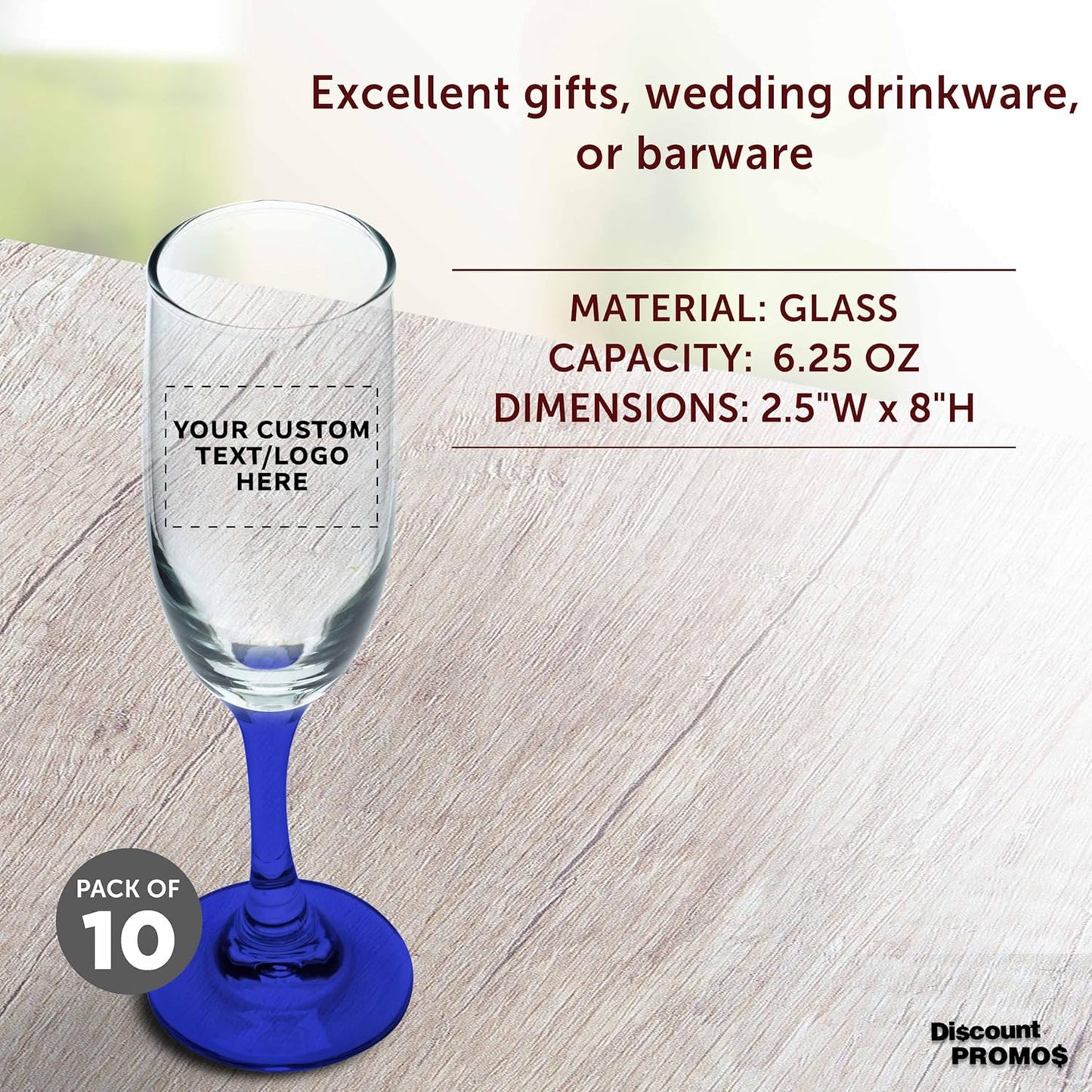 DISCOUNT PROMOS Custom Premiere Champagne Flutes 6.25 oz. Set of 10, Personalized Bulk Pack - Elegant Drinkware for Weddings, Events, & Promotional Gifts - Blue