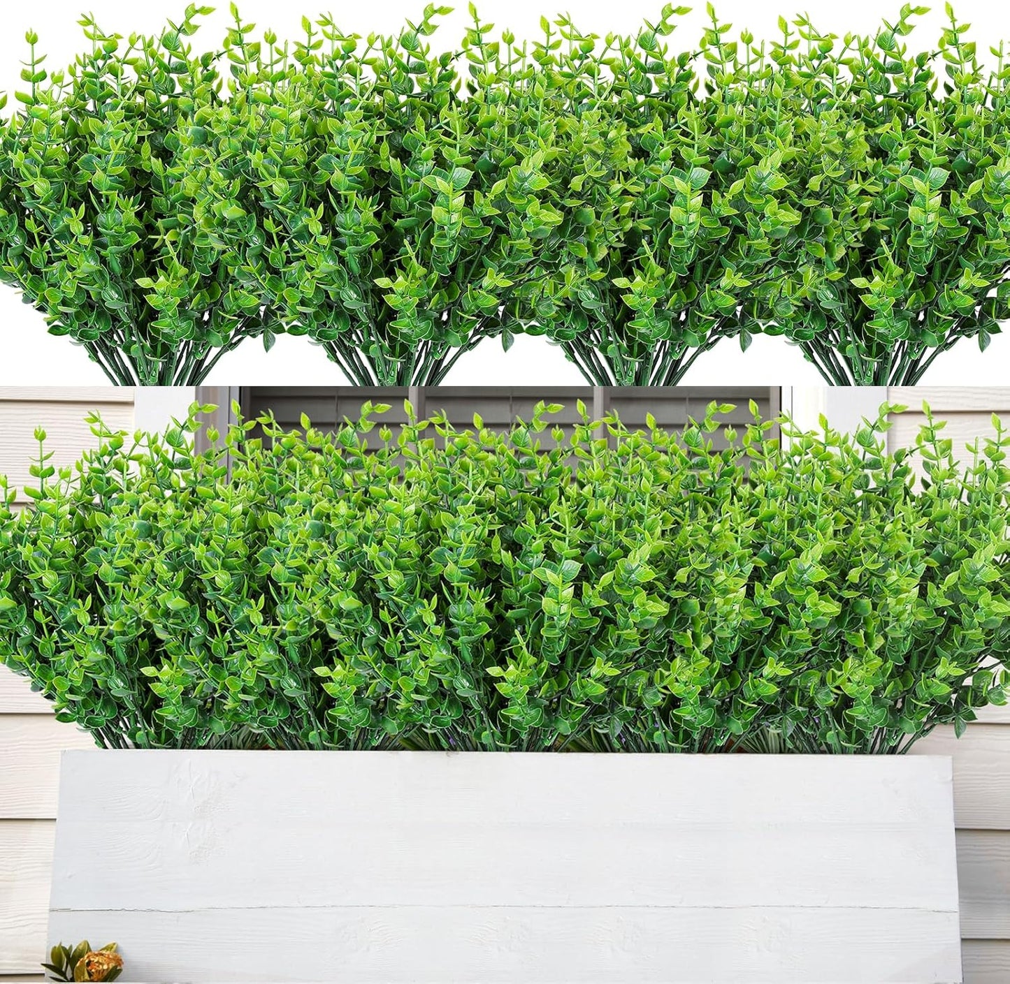 AmyHomie 20 Bundles Green Artificial Plants for Outdoor Spring Summer Decor UV Resistant Faux Wheat Grass Greenery Shrubs Eucalyptus Fake Plastic Plants Garden Porch Window Box Decorating