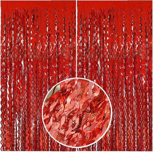 Red Streamers Tinsel Foil Fringe Curtains Wavy for Parties Sparkle Metallic Wavy Foil Fringe Backdrop Curtain for Party Decorations Photo Booth Props Birthday Graduation Wedding Valentines Decor