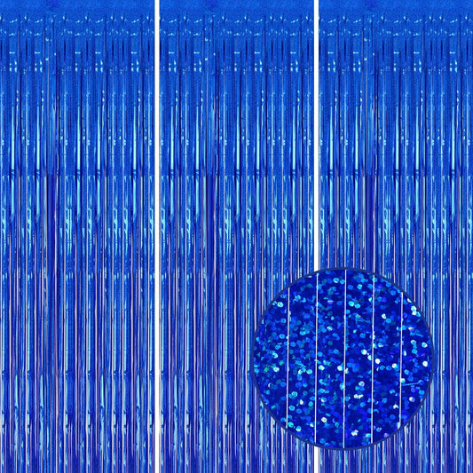 3 Pack Foil Fringe Backdrop - Laser Royal Blue Shiny Tinsel Curtains for Party Decoration/Photo Booth Props - 3.3x8.2 FT Metallic Foil Backdrop for Birthday, Wedding, Graduation, Christmas