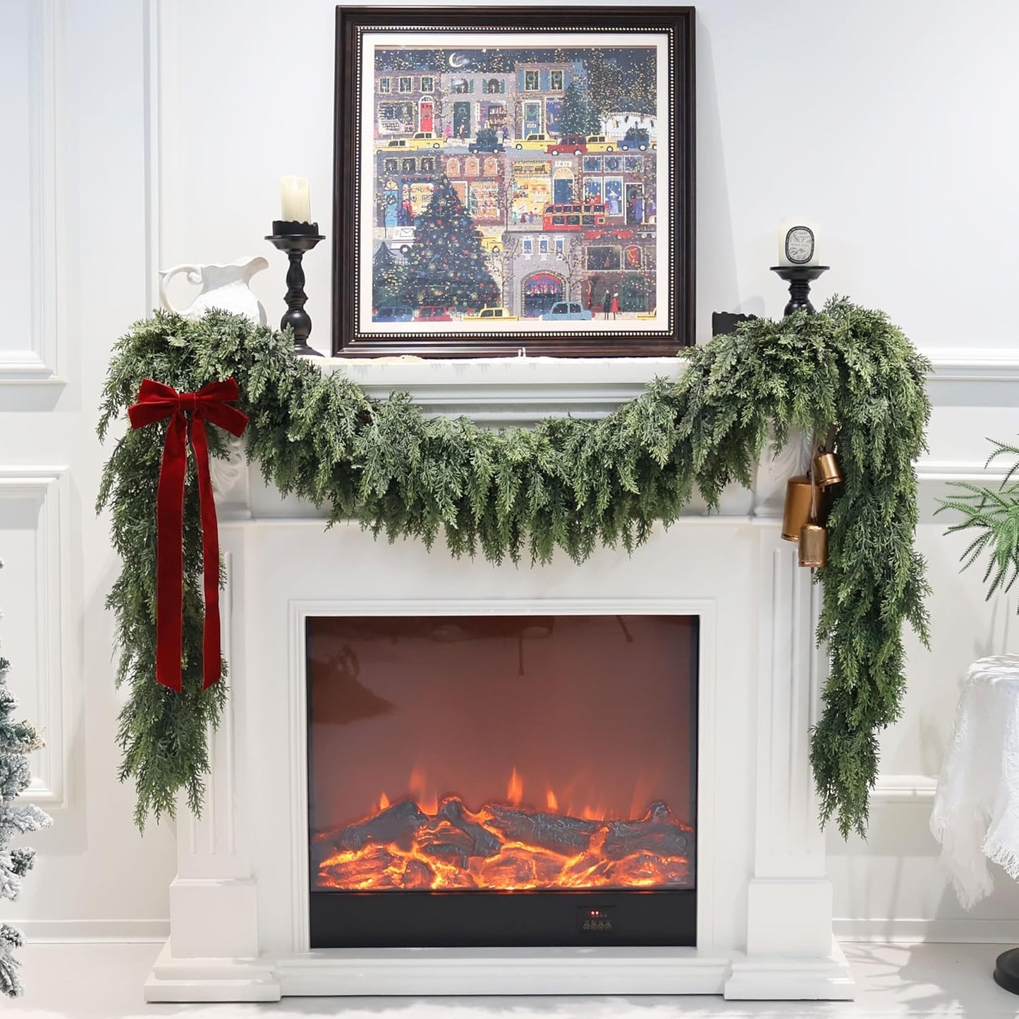 9FT 2PCS Artificial Cedar Garland for Christmas Decoration - Realistic Winter Greenery Garland for Mantel, Fireplace, Table, Door, Holiday Indoor Outdoor Decor