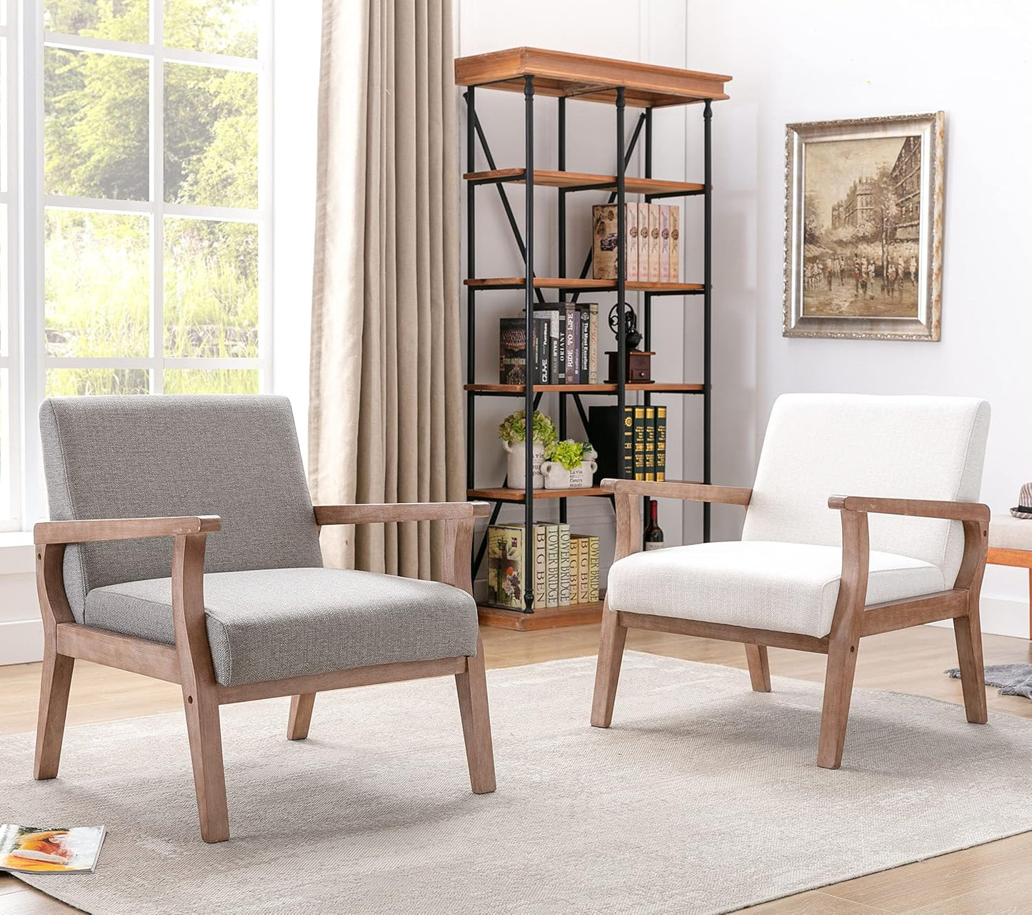 Mid Century Modern Accent Chair Set of 2, Linen Upholstered Living Room Accent Armchair with Wood Frame, Farmhouse Chair for Living Room Bedroom, Gray