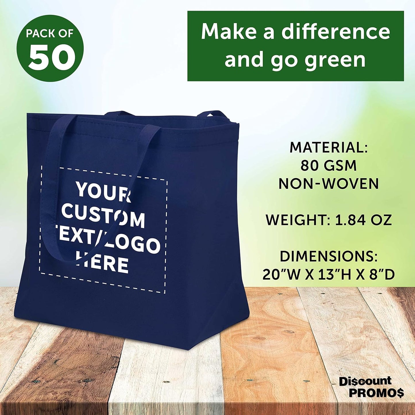 DISCOUNT PROMOS Custom Southern Style Grocery Tote Bags Set of 50 - Personalized Bulk Pack, Reusable Grocery & Shopping Bags - Great for Travel, Business Promotions - Navy Blue - 20"X13"X8"