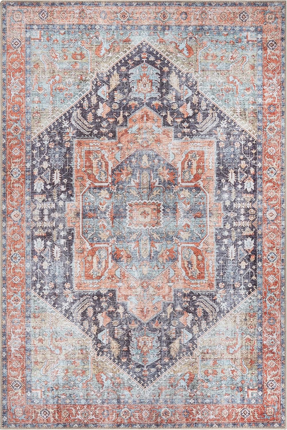 Bloom Rugs Washable Non-Slip 3' x 5' Rug - Terracotta/Blue Traditional Medallion Area Rug for Living Room, Bedroom, Dining Room, and Kitchen - Exact Size: 3' x 5'